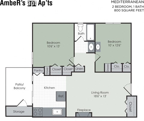 Floor plan for 2 beds, 1 bath, 900 sqft